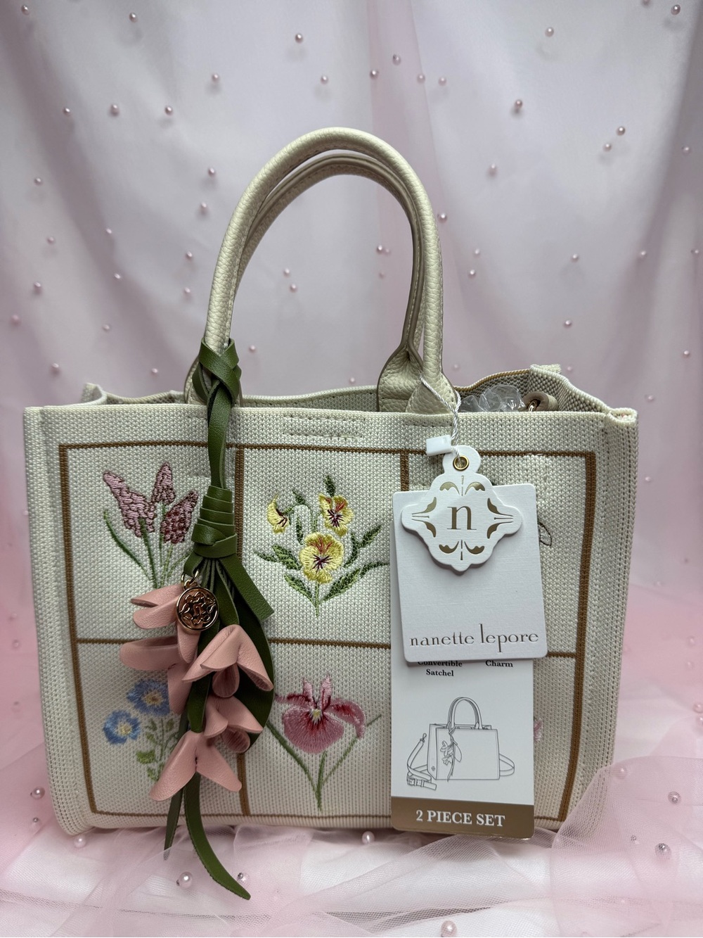 Nanette Lepore Ivory Floral Embroidered Satchel 2pc Detachable Strap Charm